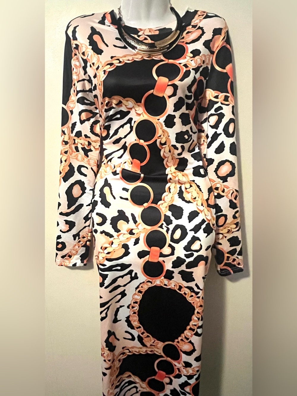 SHEIN Women’s White Black Leopard Cheetah Gold Chain Print Midi Bodycon Dress L